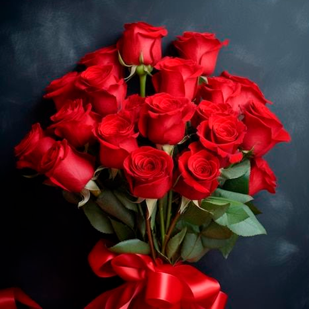 A bouquet of vibrant red roses with lush green leaves, tied together with a large red satin ribbon, set against a dark background.