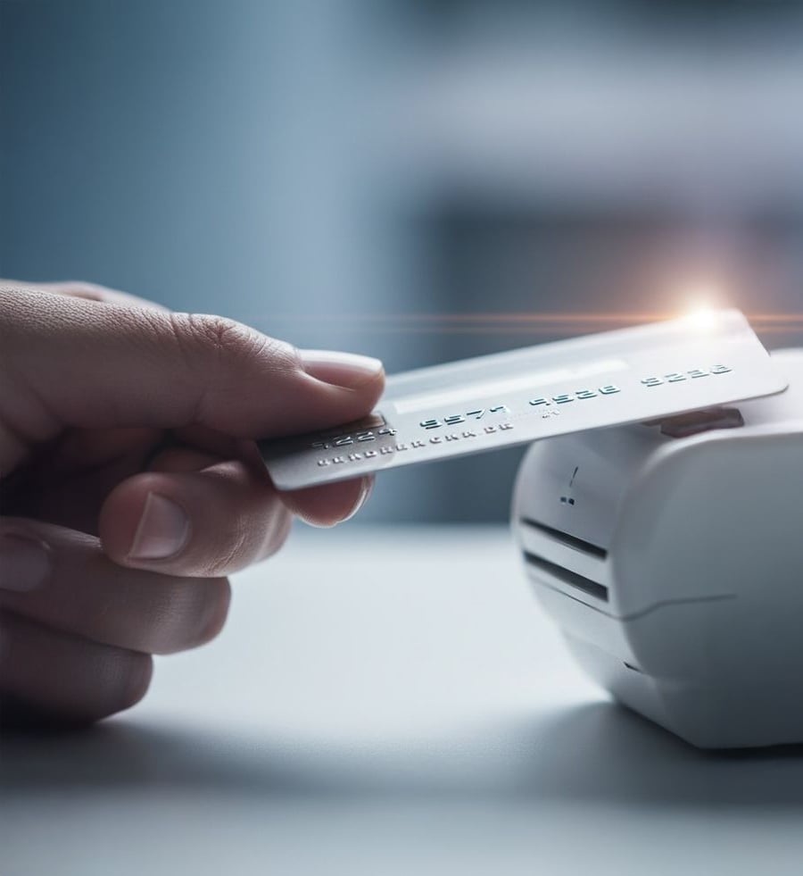 A hand holds a credit card, about to swipe it through a white payment terminal on a table, with a soft light reflecting off the card.