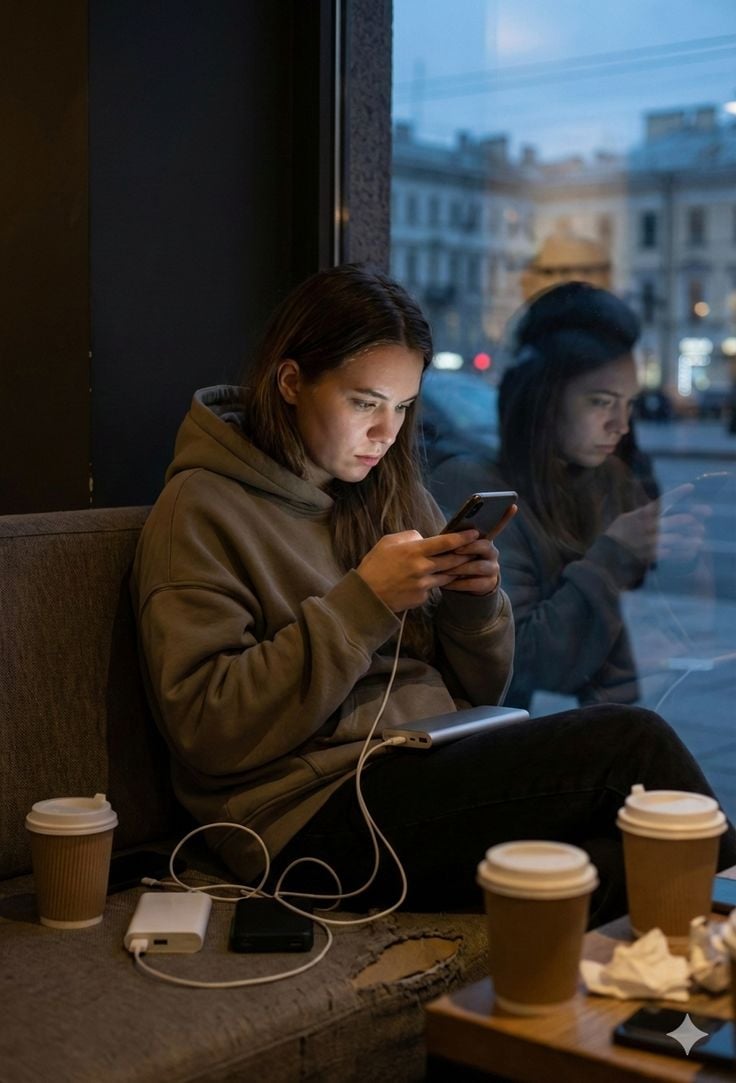 A woman in a hoodie sits by a café window, focused on her phone. Three takeaway coffee cups, electronics, and cables are on the table. Her reflection is visible in the evening city window.