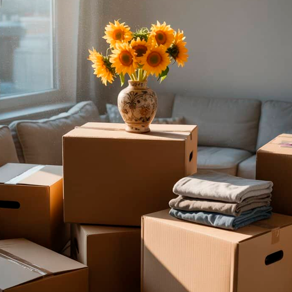 A vase with sunflowers sits on top of cardboard moving boxes, with folded clothes next to it. A beige sofa and sunlight from a window are visible in the background.