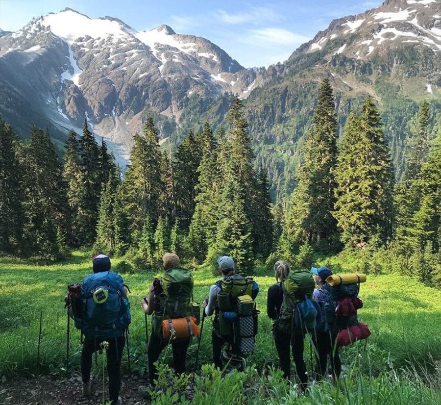 Five hikers with backpacks stand facing a lush meadow and tall pine trees, looking toward snow-capped mountains under a blue sky in the background.