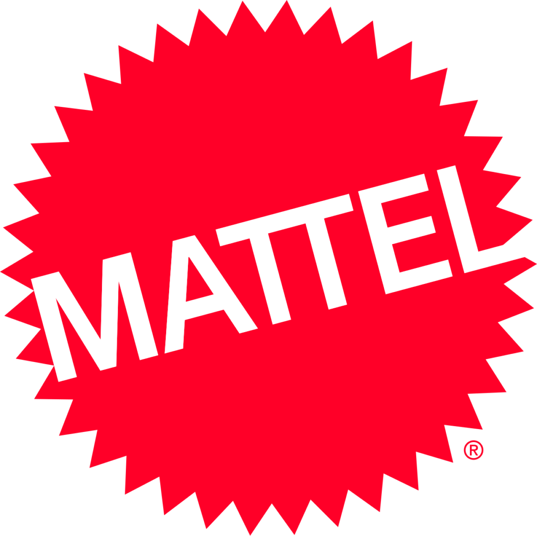 The image shows the Mattel logo: the word "MATTEL" in bold white letters, set diagonally across a red, jagged-edged circular shape resembling a starburst.