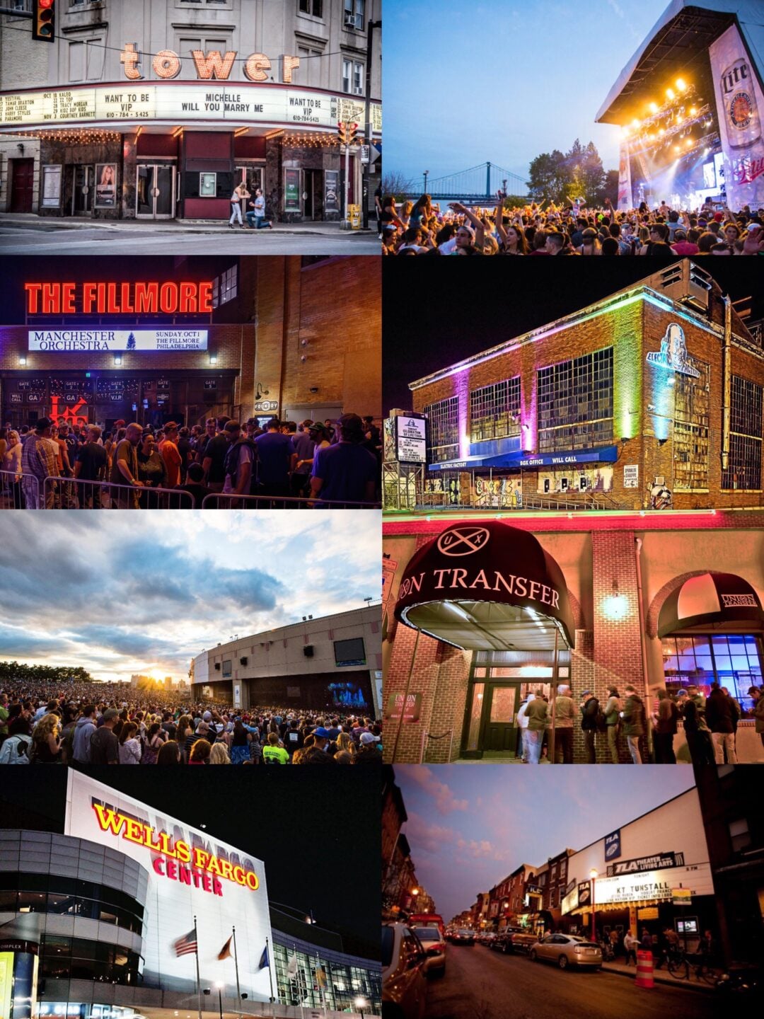 A collage of eight popular Philadelphia music venues, including theaters, arenas, outdoor stages, and nightclubs, each shown with colorful lights, crowds, and distinctive signage during concerts or events.