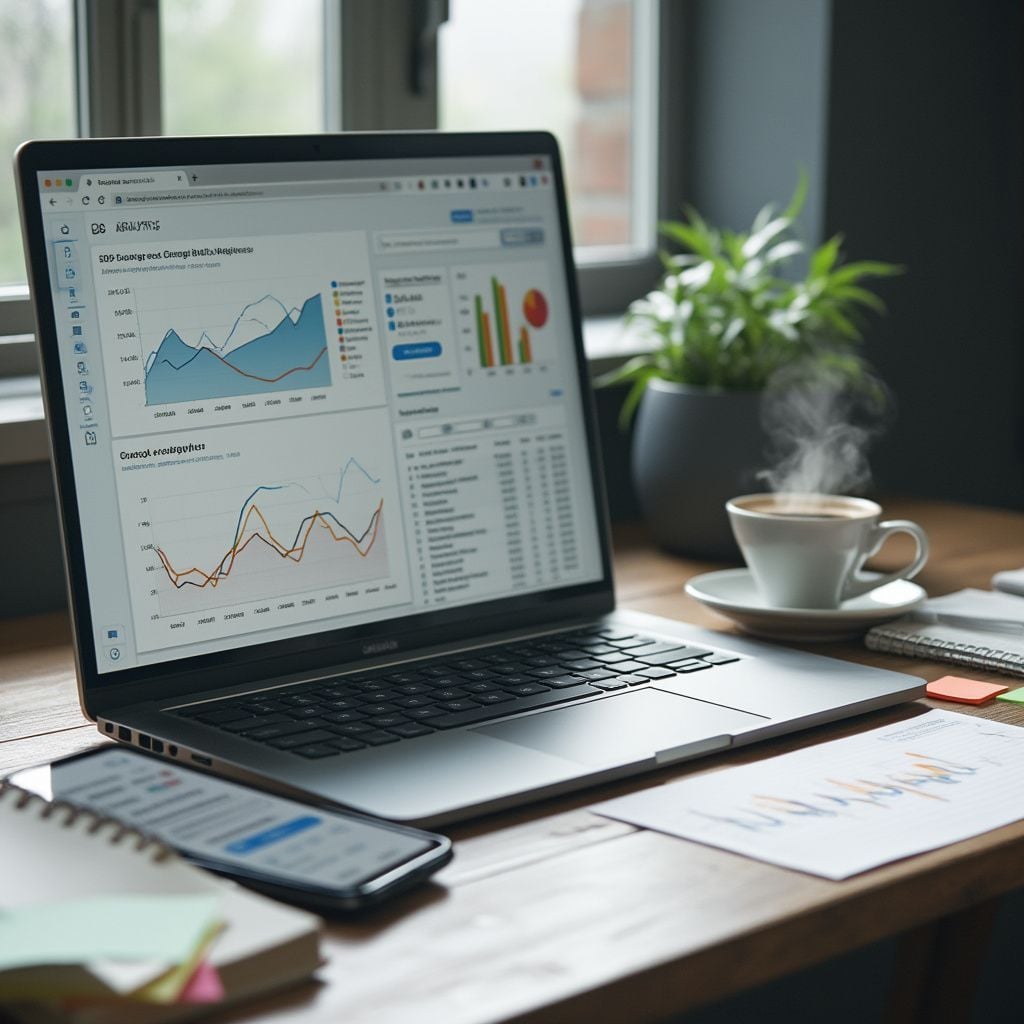 A laptop displaying analytics graphs and charts sits on a wooden desk beside a cup of coffee, a smartphone with a graph, a notepad, papers, and a potted plant. A window provides natural light in the background.