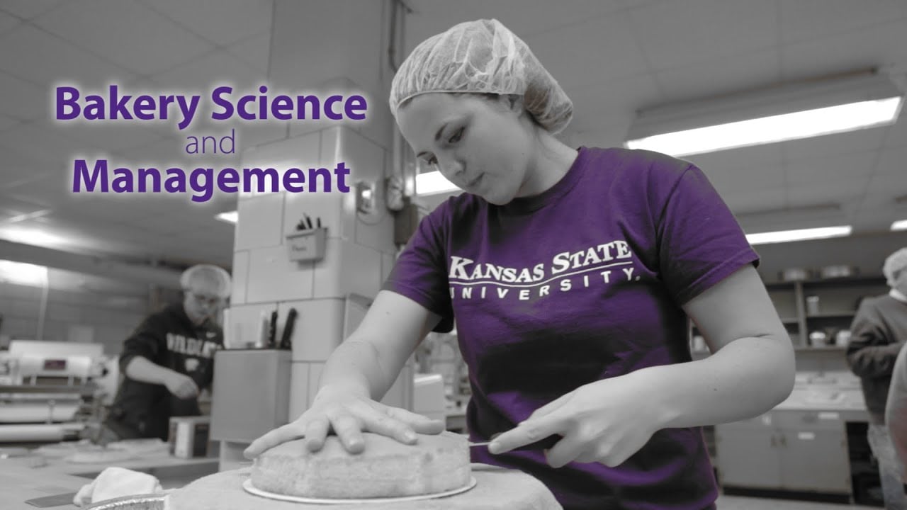 A student in a Kansas State University shirt decorates a cake in a bakery classroom. "Bakery Science and Management" is written in purple text on the image. Other students work in the background.