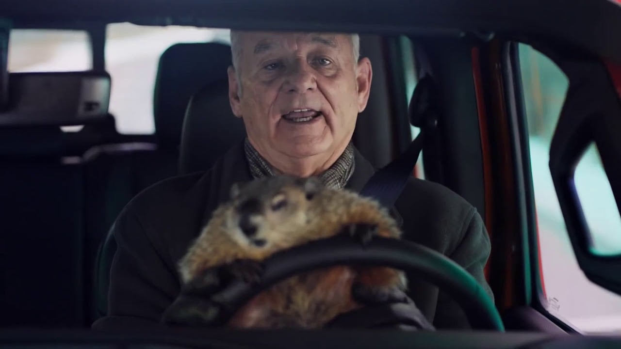 A man sits in the driver’s seat of a car, holding the steering wheel while a groundhog sits in front of him, also appearing to grip the wheel, as they both look forward.