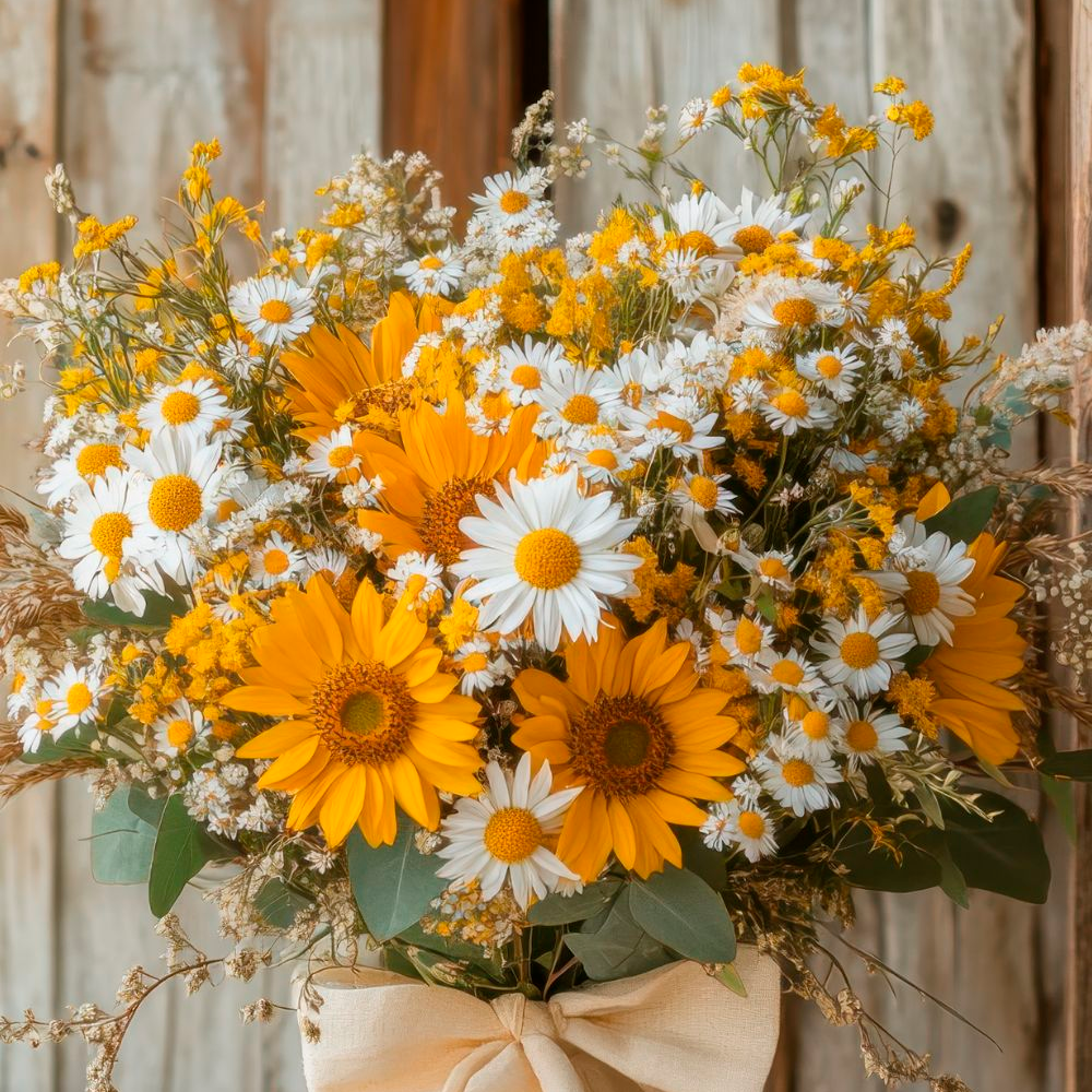 A bouquet of yellow sunflowers, white daisies, and small yellow wildflowers arranged with green leaves and tied with a cream ribbon, set against a rustic wooden background.