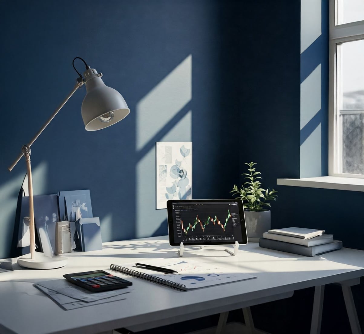 A modern desk with a tablet displaying a stock chart, a notebook, calculator, lamp, potted plant, and stacked books. Sunlight streams through a nearby window, casting shadows on the blue wall.