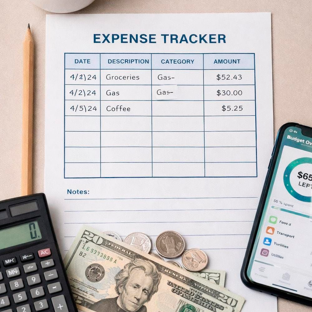 A filled-out expense tracker sheet with a pencil, calculator, cash, and a smartphone showing a budget app, recording purchases of groceries, gas, and coffee with respective dates and amounts.