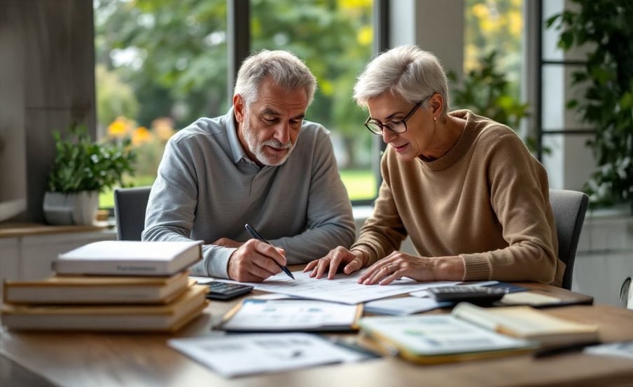 An older man and woman sit at a table reviewing documents together in a bright, modern room with large windows and green plants. Papers, books, and a calculator are spread out in front of them.