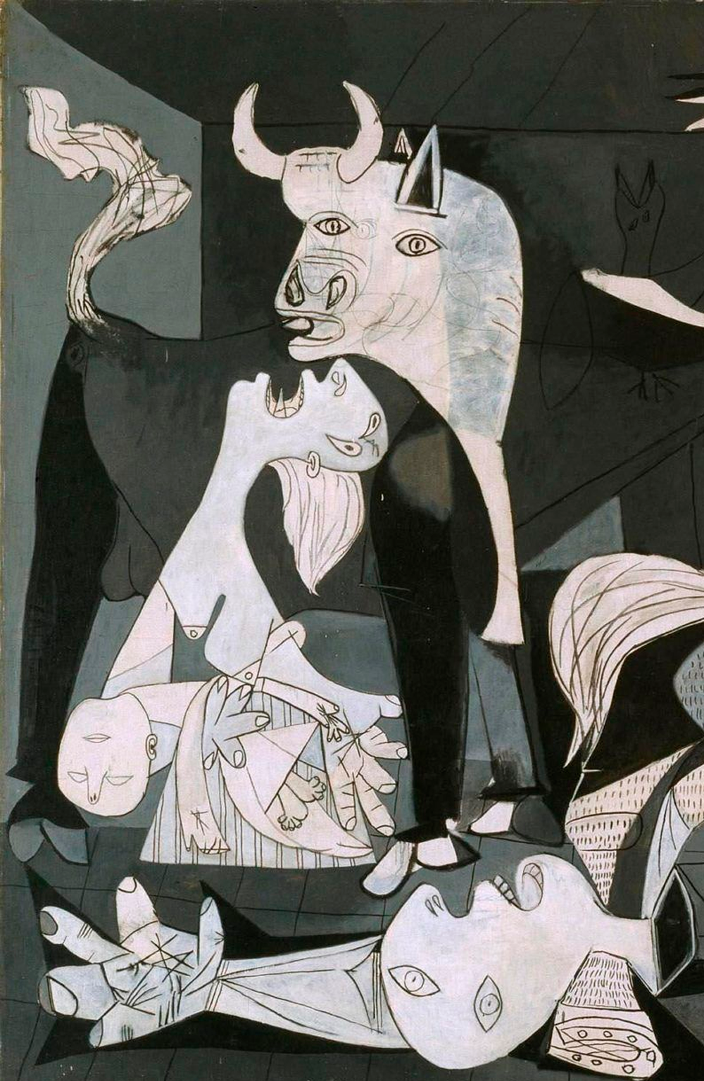 A section of Picasso’s “Guernica” shows a bull, a woman screaming while holding a child, and distorted human figures in a chaotic, monochrome composition symbolizing anguish and suffering.