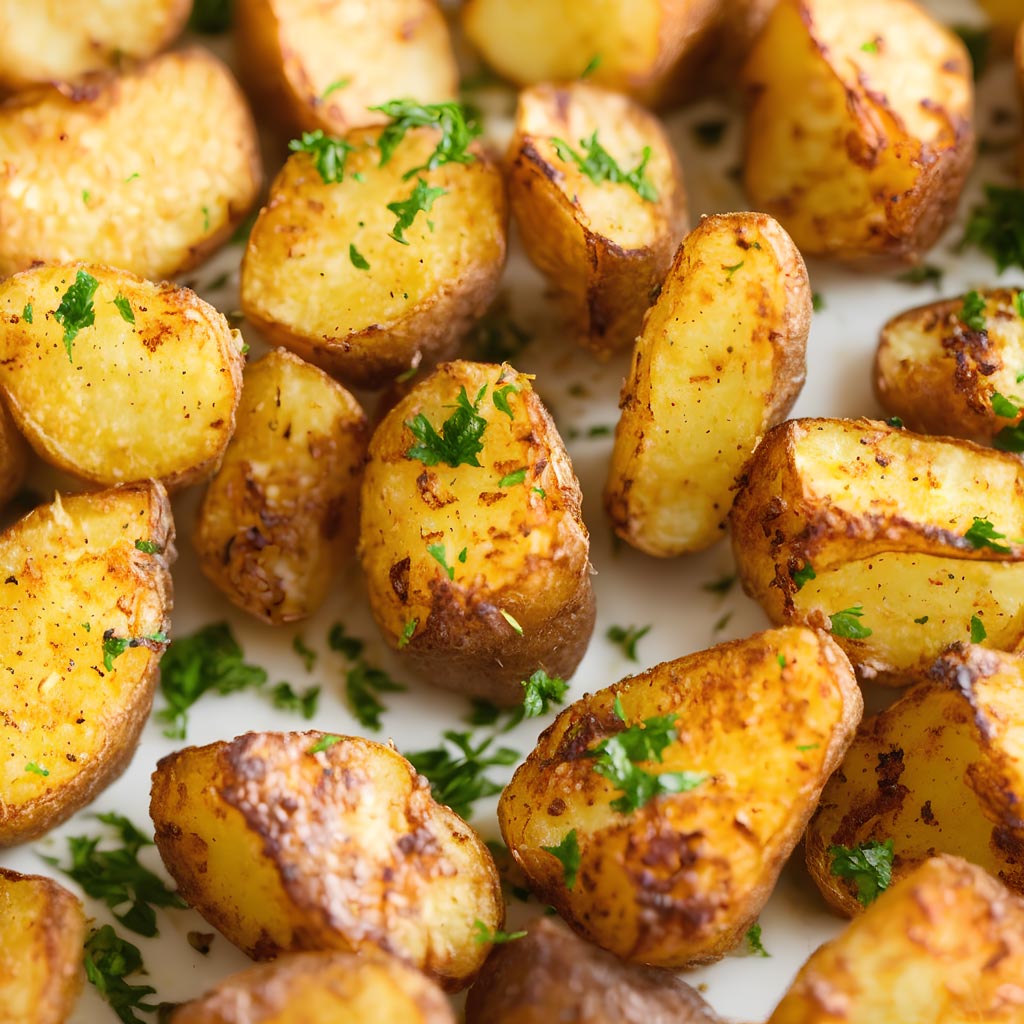 Close-up of golden-brown roasted potato wedges garnished with chopped fresh parsley on a white surface. The potatoes have crispy edges and a lightly seasoned appearance.