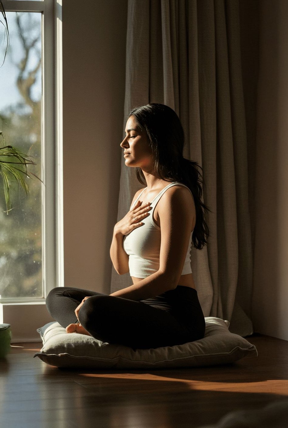A woman sits cross-legged on a cushion by a sunlit window, eyes closed, with one hand on her chest, appearing calm and meditative. Warm sunlight streams in, highlighting her peaceful expression.