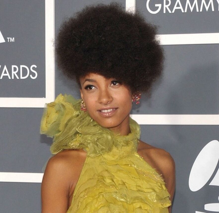 A woman wearing a ruffled, sleeveless yellow dress poses on the red carpet at the Grammy Awards, standing in front of a backdrop with Grammy logos. She has a natural afro hairstyle and is smiling softly.