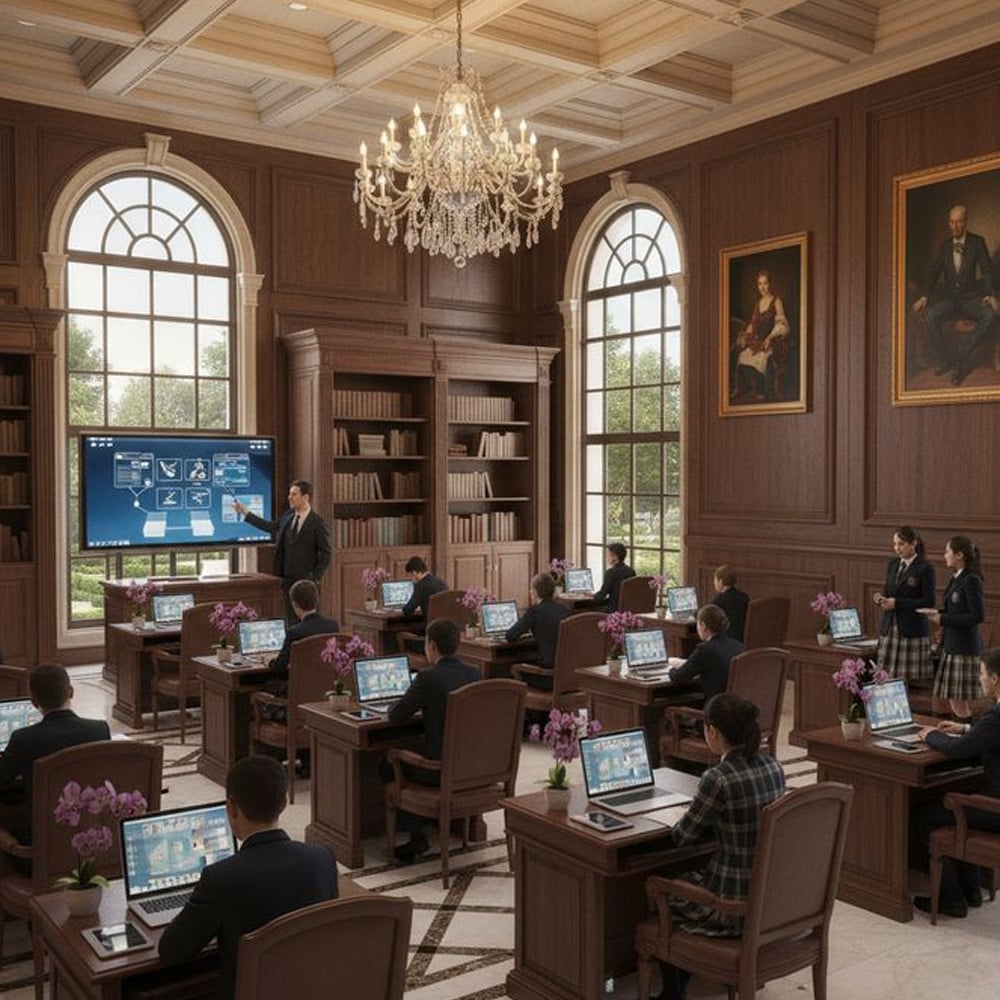 A classroom with wooden paneling and large arched windows shows students in uniforms working at desks with laptops. A teacher stands by a digital display. Portraits and bookshelves decorate the room.