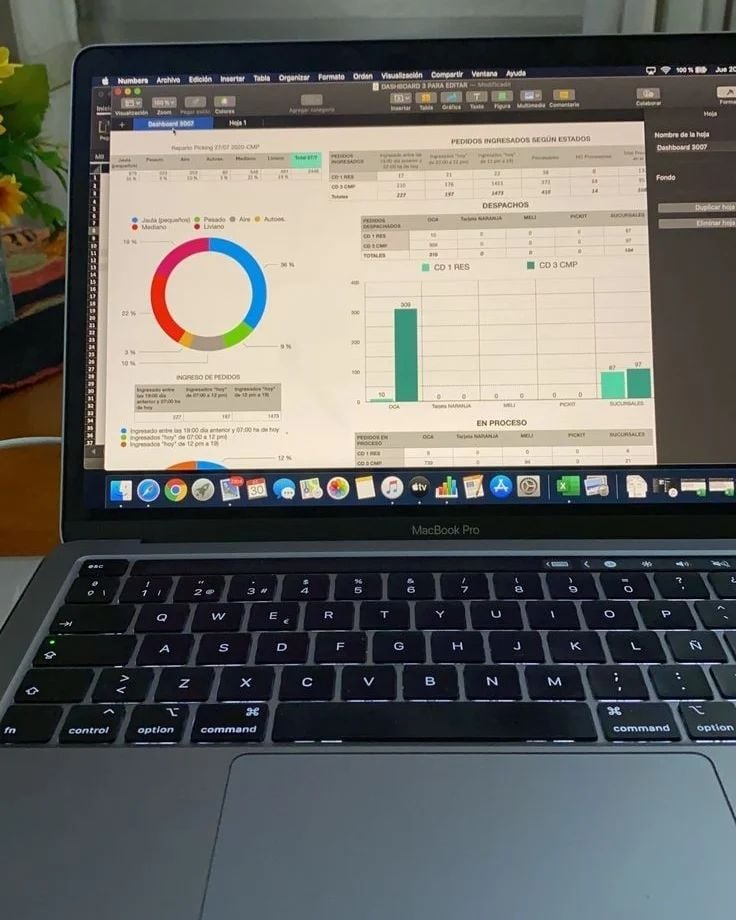 A MacBook Pro displaying a spreadsheet with colorful charts and graphs, in Spanish, showing data analysis and progress statistics. The screen shows a circular chart, bar graphs, and tables.