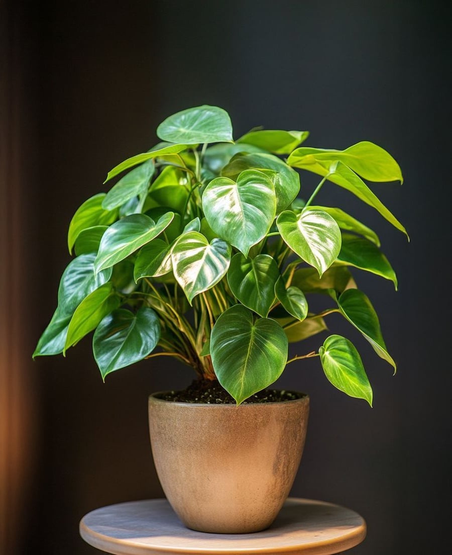 A healthy potted plant with shiny, heart-shaped green leaves sits on a round wooden table against a dark blurred background.