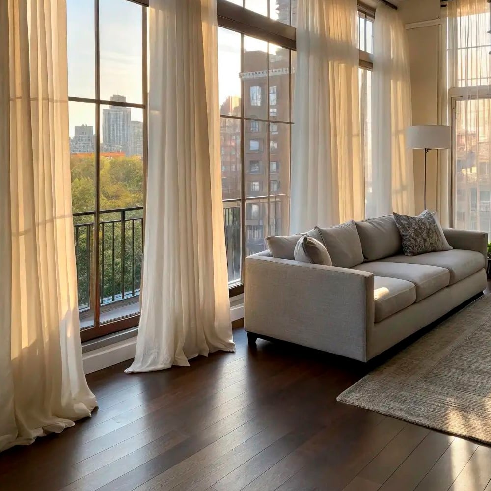 A sunlit living room with floor-to-ceiling windows, sheer white curtains, a light gray sofa with patterned pillows, a standing lamp, and a cityscape view outside.