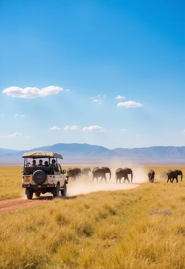 A safari jeep with passengers drives on a dirt road through a grassy savanna, following a herd of elephants walking ahead under a clear blue sky with distant mountains in the background.