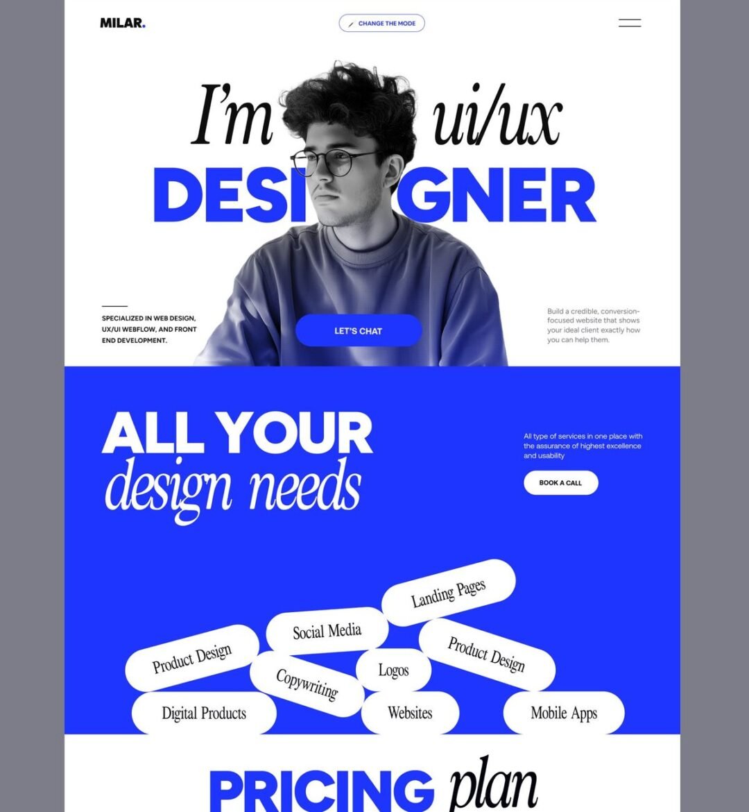 A modern website homepage for a UI/UX designer. The top section features a grayscale photo of a young man with curly hair and glasses, bold blue and black text, and buttons for chatting and booking a call.