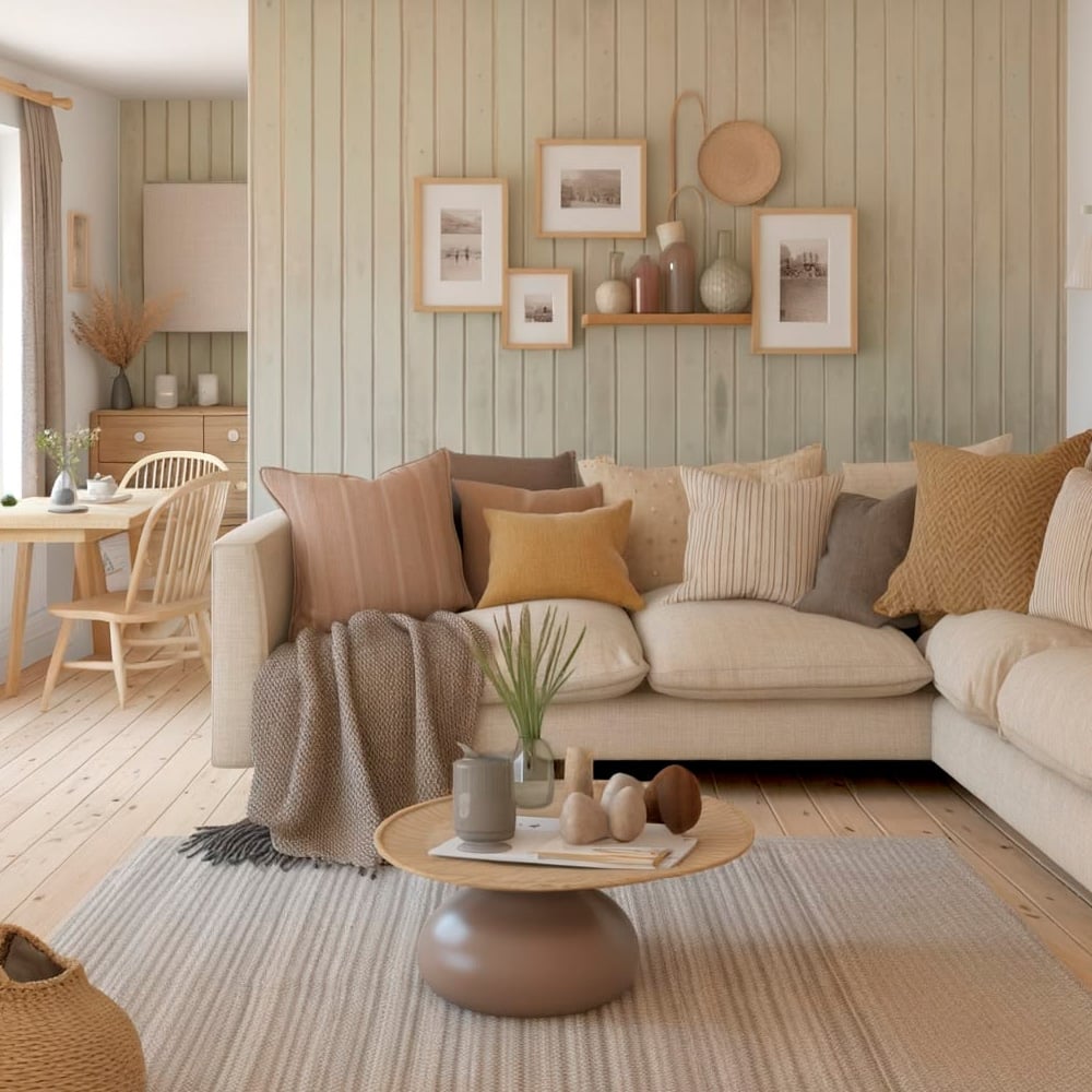 A cozy living room with a beige sectional sofa, assorted neutral throw pillows, a knitted blanket, a round coffee table with decor, wood panel walls, and framed pictures. Light wood floors and dining area are visible in the background.