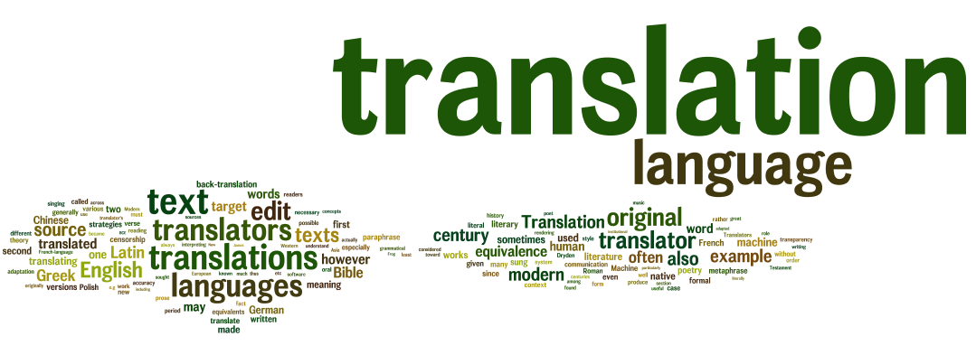 A word cloud with the largest words being "translation," "language," "text," "translations," and "languages," surrounded by smaller related words such as "edit," "translator," "texts," and "original.