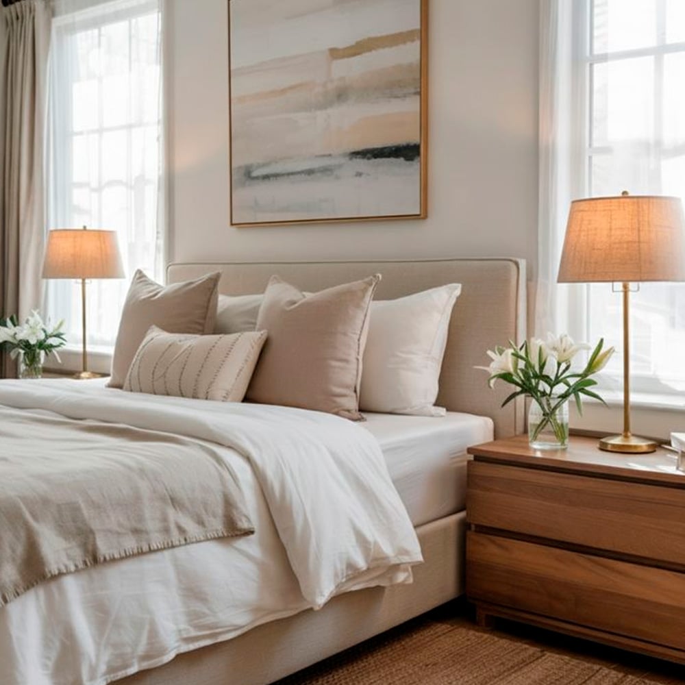 A cozy bedroom with a beige upholstered bed, white and tan bedding, wooden nightstands, table lamps, and vases of white flowers, with large windows and an abstract painting above the bed.