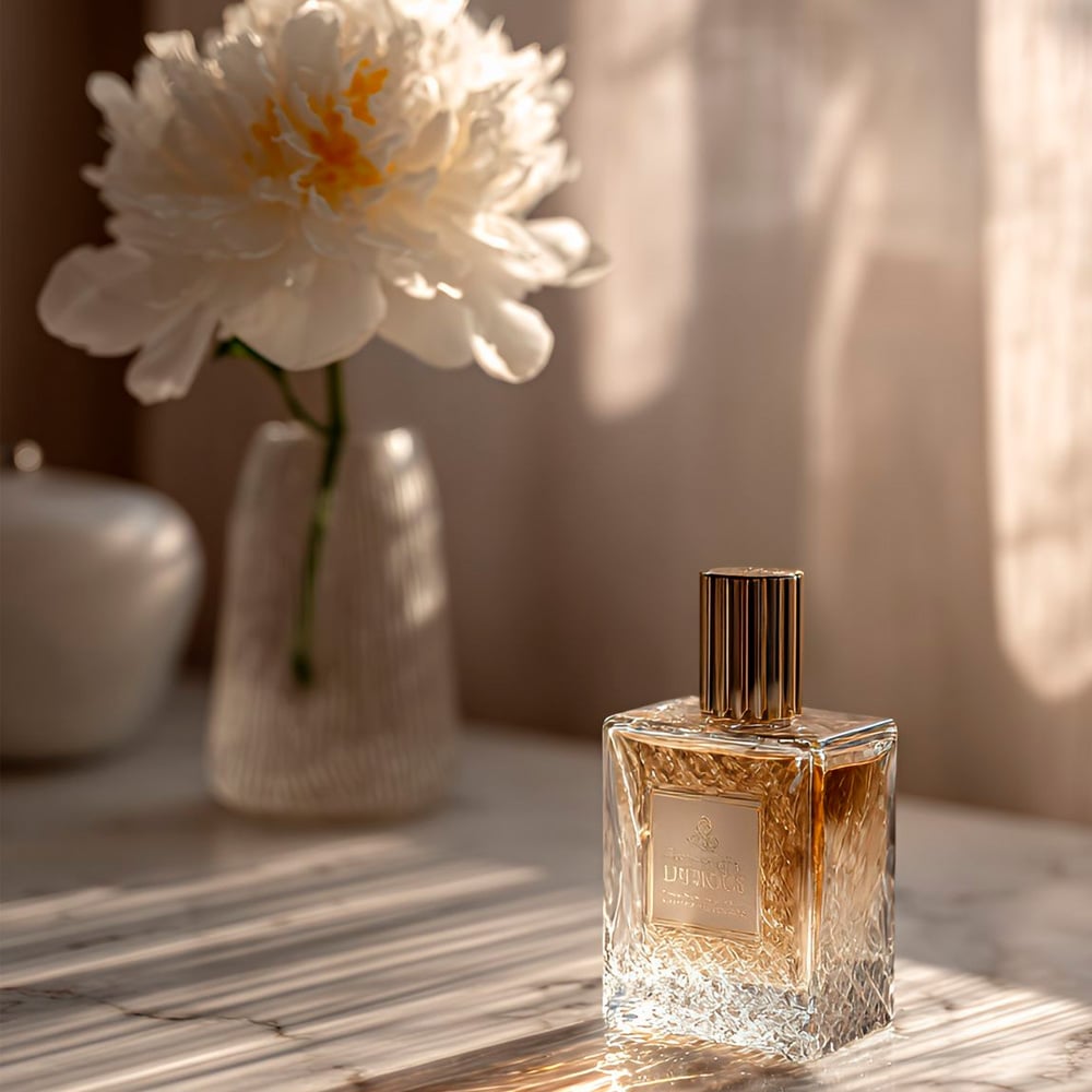 A glass perfume bottle with a gold label and cap sits on a marble surface, with a white flower in a ribbed vase softly lit by sunlight in the background.