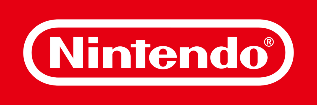 The image displays the Nintendo logo: the word "Nintendo" in bold white letters inside a rounded white rectangle on a red background.