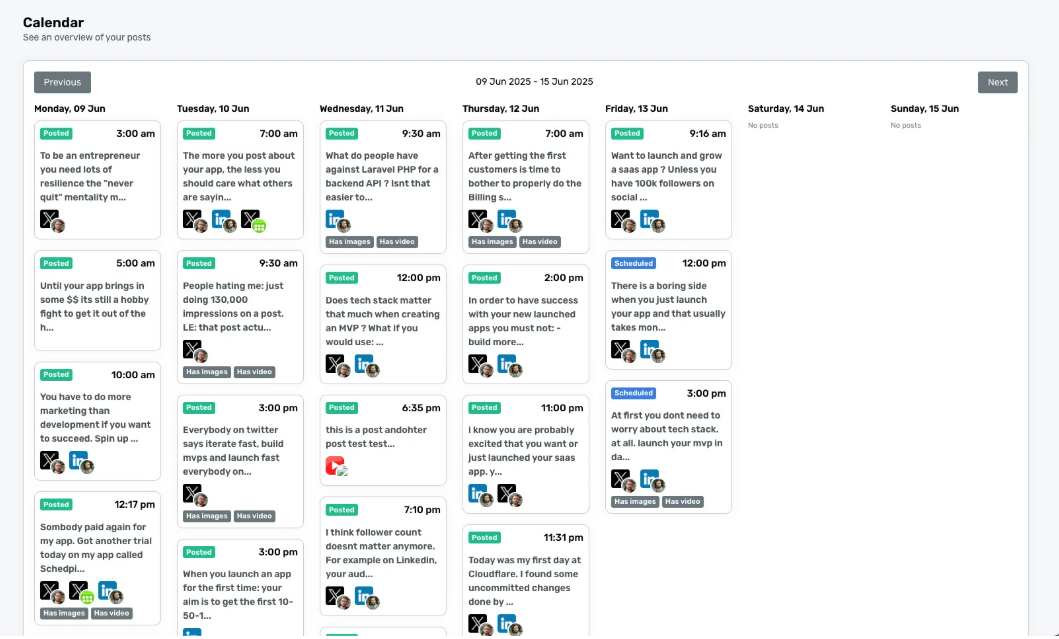 A digital weekly calendar displays scheduled social media posts from June 9th to June 15th, 2025, with post times, platforms, and brief content summaries for each day.