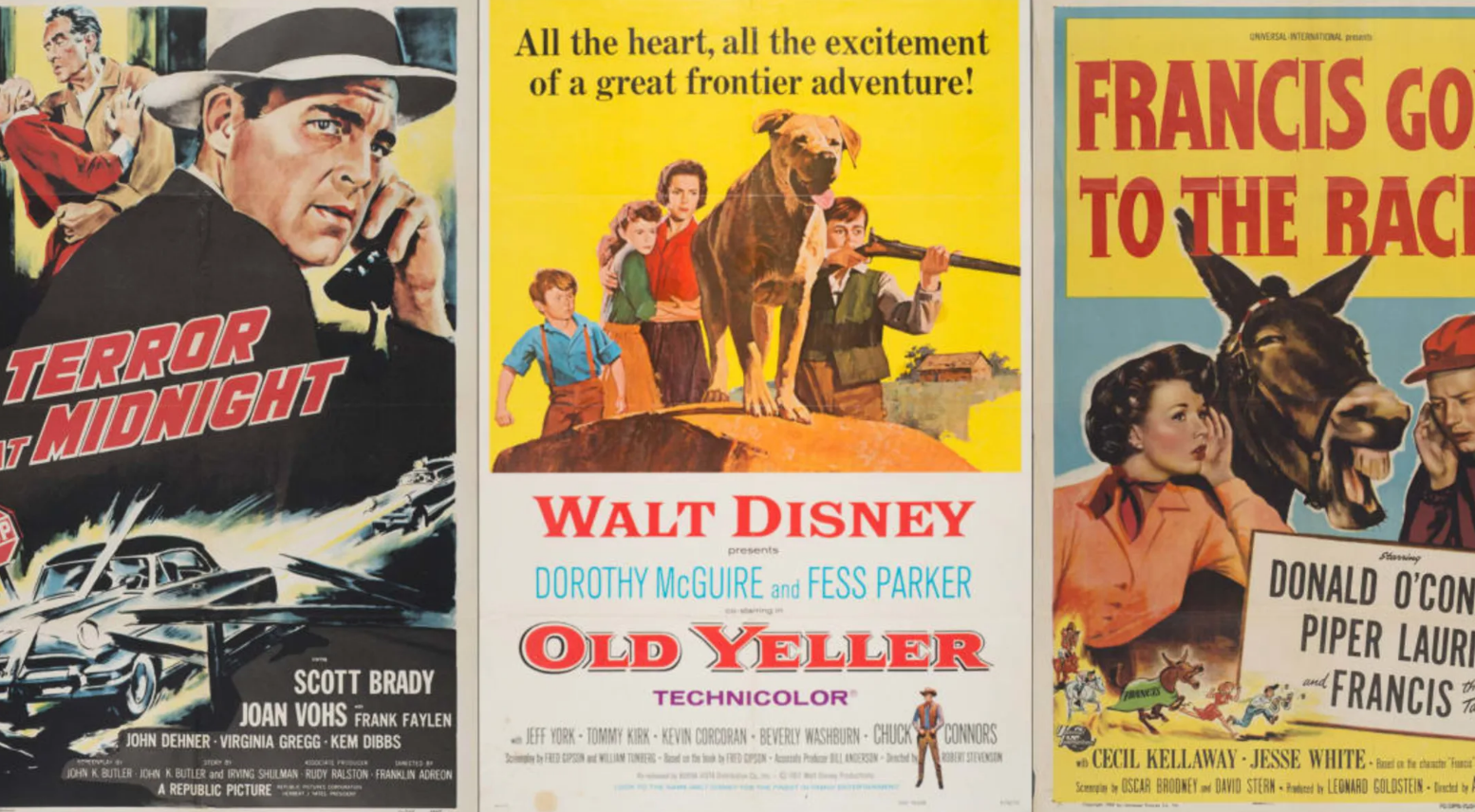 Three vintage movie posters side by side: "Terror at Midnight," "Old Yeller" featuring a boy and a dog, and "Francis Goes to the Races" showing people with a talking donkey.