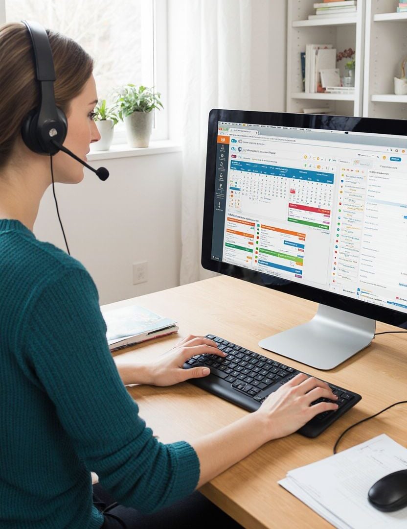 A woman wearing a headset sits at a desk, working on a computer with multiple tabs and calendars open. She types on a keyboard in a bright, organized home office with bookshelves and plants in the background.