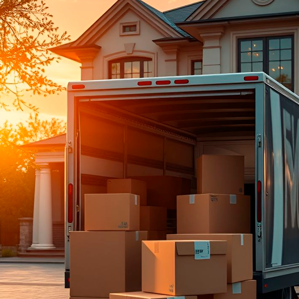 A moving truck with its back door open is parked in front of a large house at sunset, with several cardboard boxes stacked inside the truck and on the driveway.