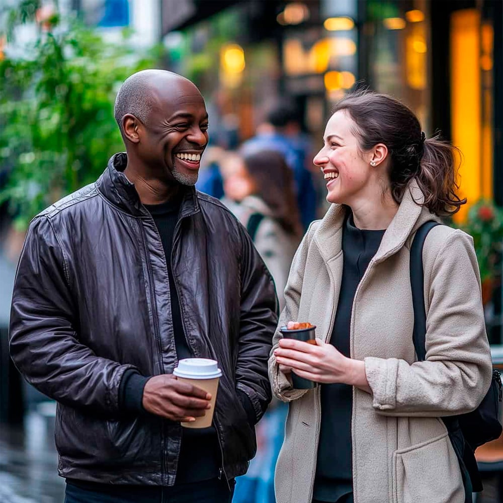 Two people stand outside on a city street, smiling and laughing while holding takeaway coffee cups. Both are wearing jackets and appear to be enjoying a friendly conversation.