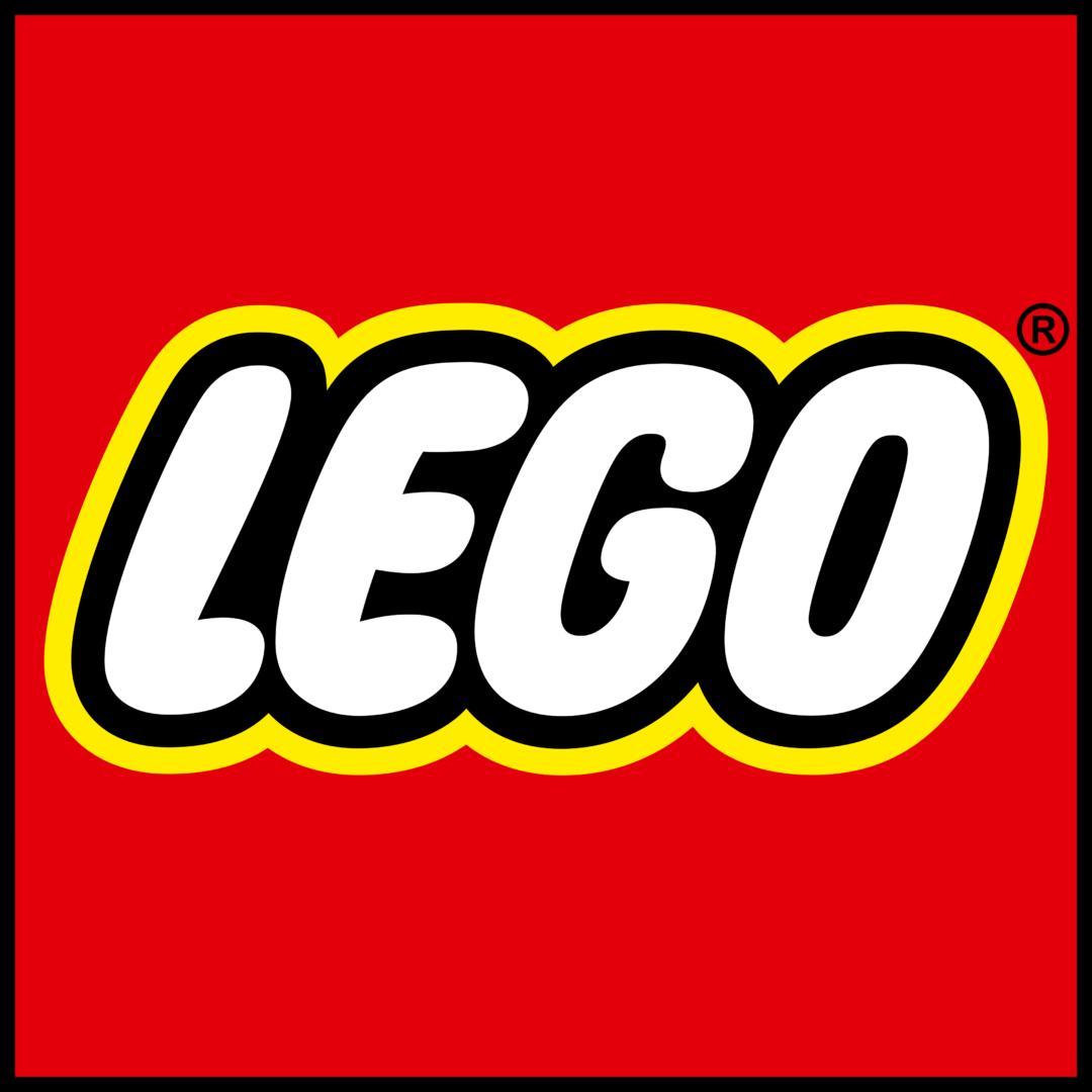 LEGO logo with bold, white letters outlined in black and yellow on a bright red background.