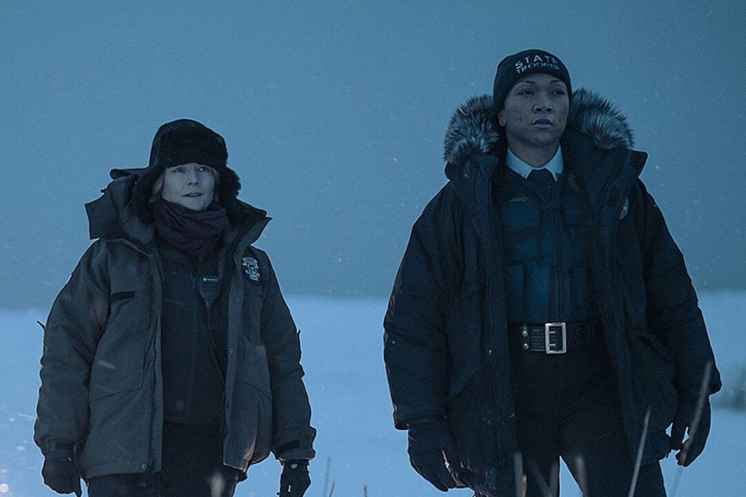 Two people in winter jackets and hats stand outside in a snowy landscape at dusk. Both appear alert and focused, dressed like law enforcement officers or investigators. The background is cold and misty.