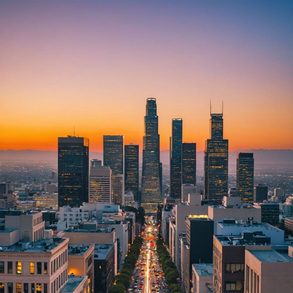 Downtown city skyline at sunset with tall skyscrapers, a colorful orange and blue sky, and a street lined with cars and trees running through the center of the buildings.