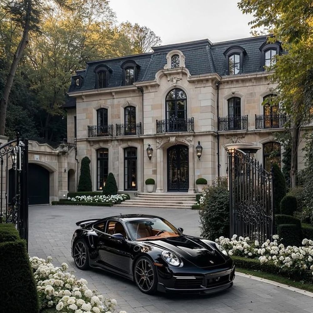 A sleek black sports car is parked on the driveway in front of a large, elegant stone mansion with arched windows, black iron balconies, and manicured greenery, framed by open wrought-iron gates.