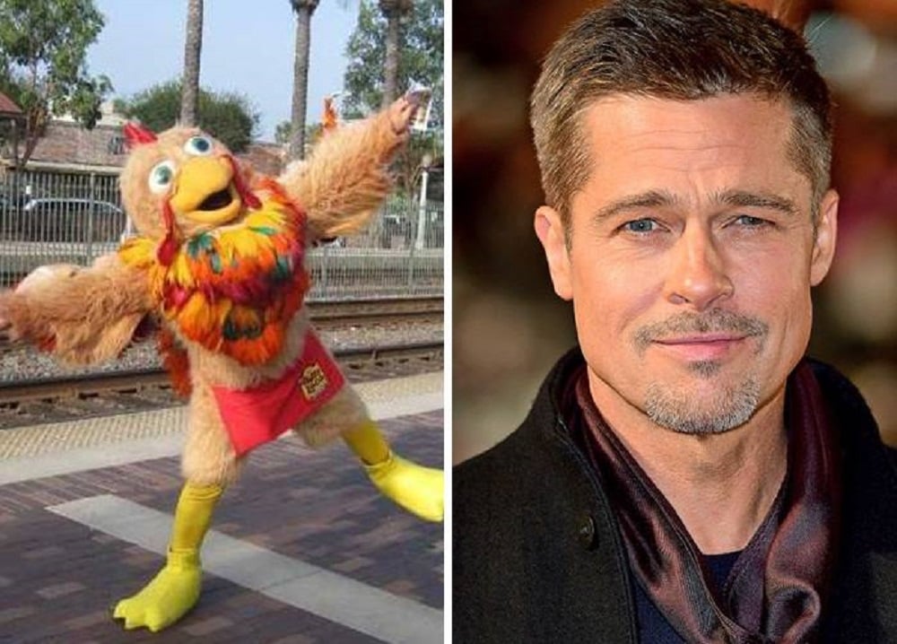 On the left, a person in a colorful chicken mascot costume poses with arms wide. On the right, a man with short hair, light beard, and a scarf smiles slightly at the camera.