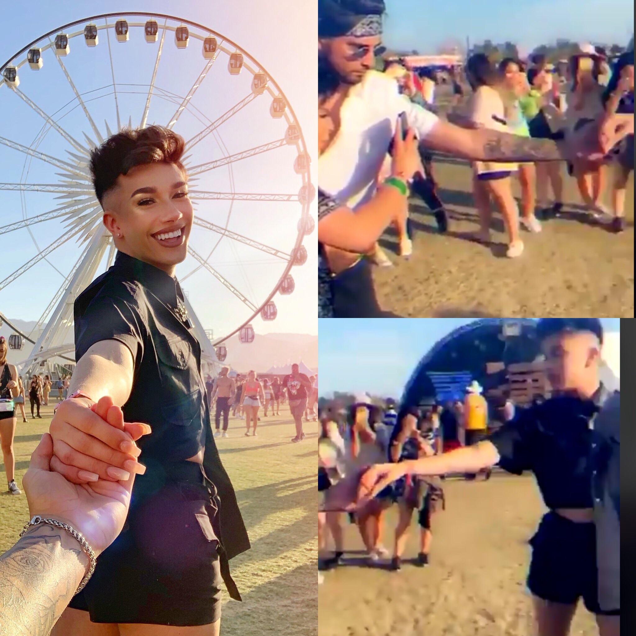 A smiling person in black holds someone’s hand near a Ferris wheel at a festival. Two smaller photos show the same couple holding hands, walking through crowds at the sunny outdoor event.