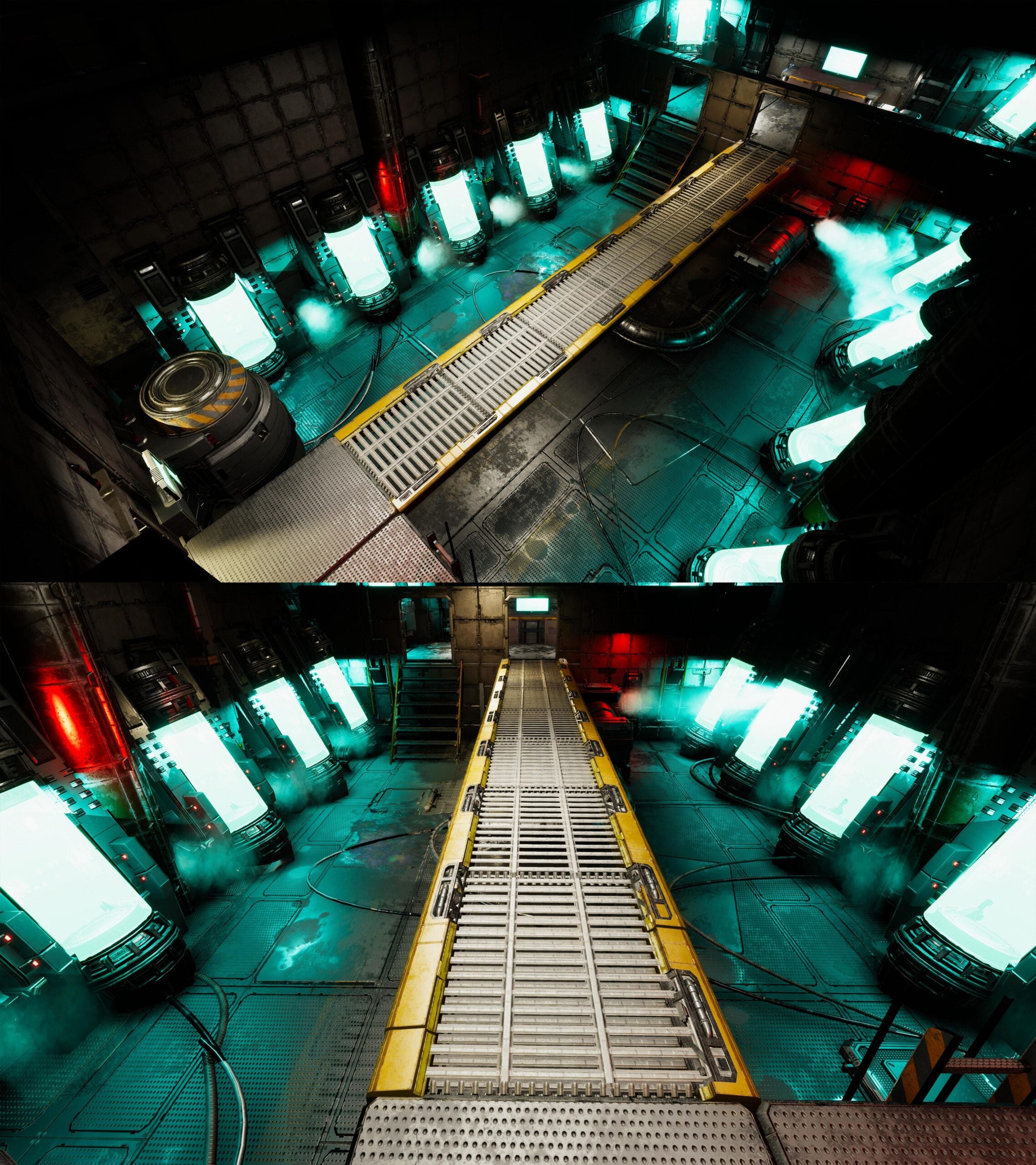 A futuristic laboratory with glowing blue pods lining both sides of a metallic walkway, illuminated by teal and red lights, creating a sci-fi atmosphere. The scene is shown from two different angles.