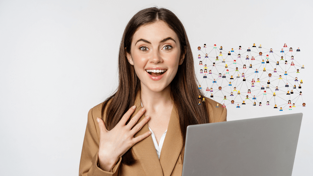 A woman in a brown blazer smiles excitedly at a laptop. Behind her is an abstract network of illustrated people connected by lines, symbolizing online networking or social connections.