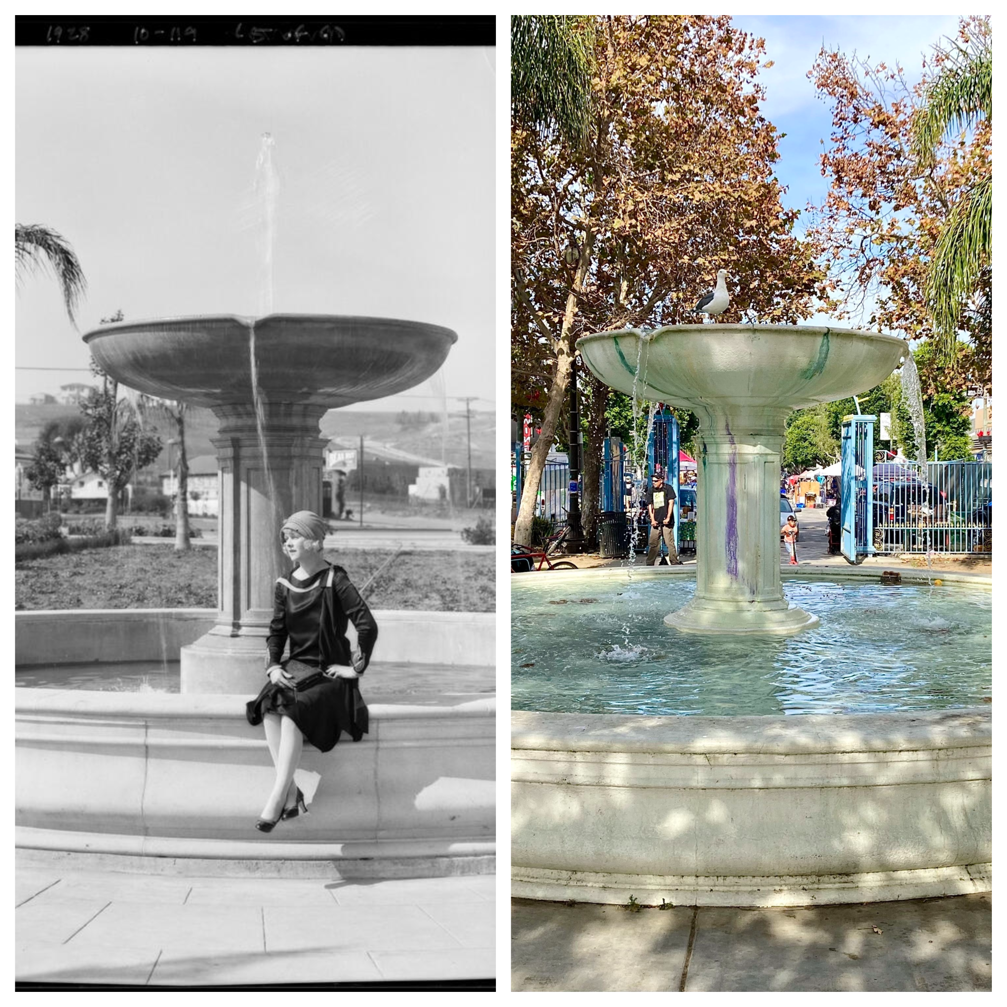 A side-by-side comparison shows a woman sitting by a fountain in a black-and-white photo on the left, and the same fountain in color on the right with water, trees, and people nearby.
