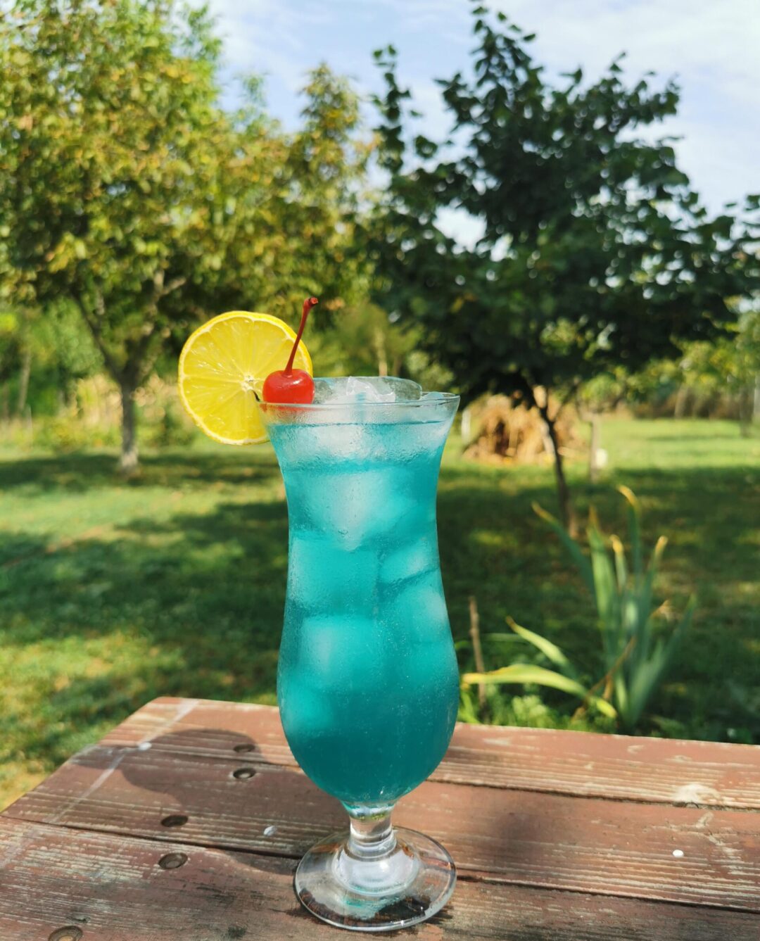 A blue cocktail with ice, garnished with a lemon slice and cherry, sits on a wooden table outdoors with green trees and grass in the background.