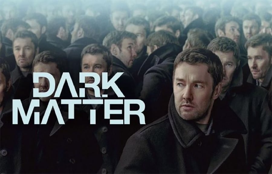 A man in a dark coat looks to the side, surrounded by multiple identical versions of himself. The words "DARK MATTER" appear in bold, white letters over the image.