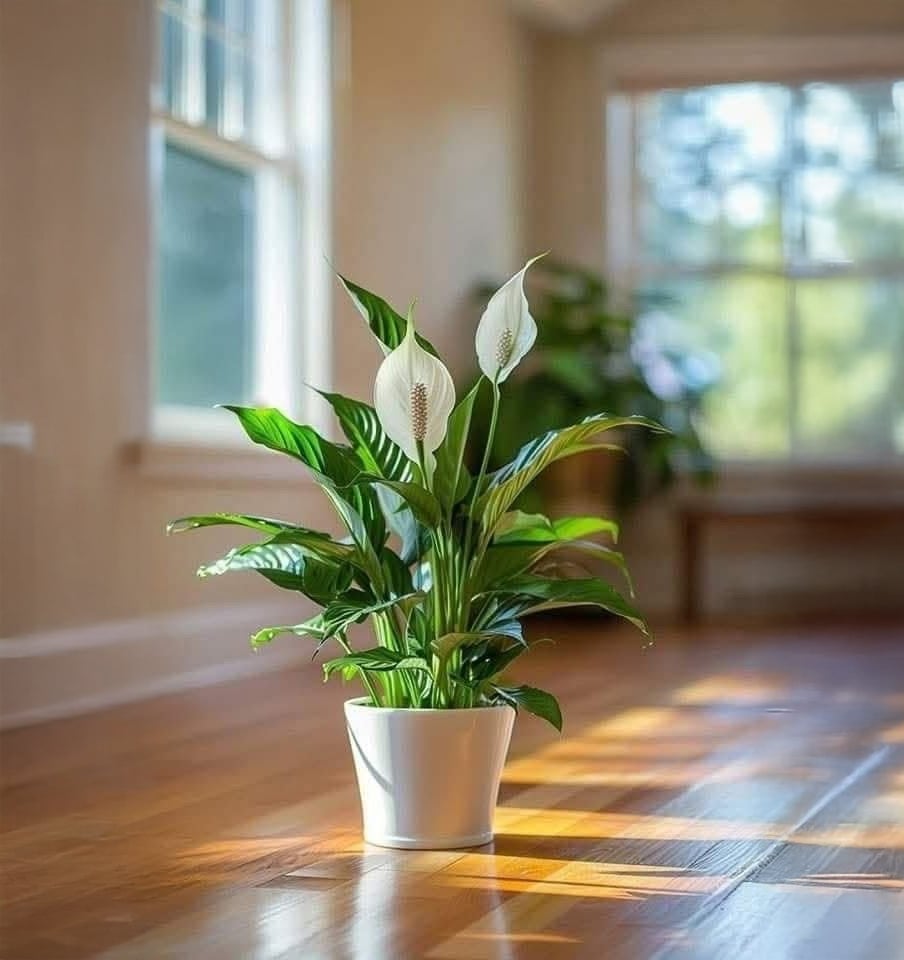 A peace lily plant in a white pot sits on a sunlit wooden floor near a window, with light streaming in and a softly blurred background.