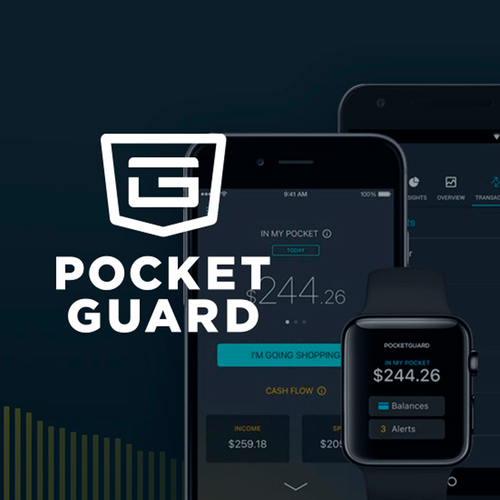A digital graphic showing the PocketGuard logo and name overlaid on a smartphone and smartwatch displaying a financial balance of $244.26 in the PocketGuard app interface.