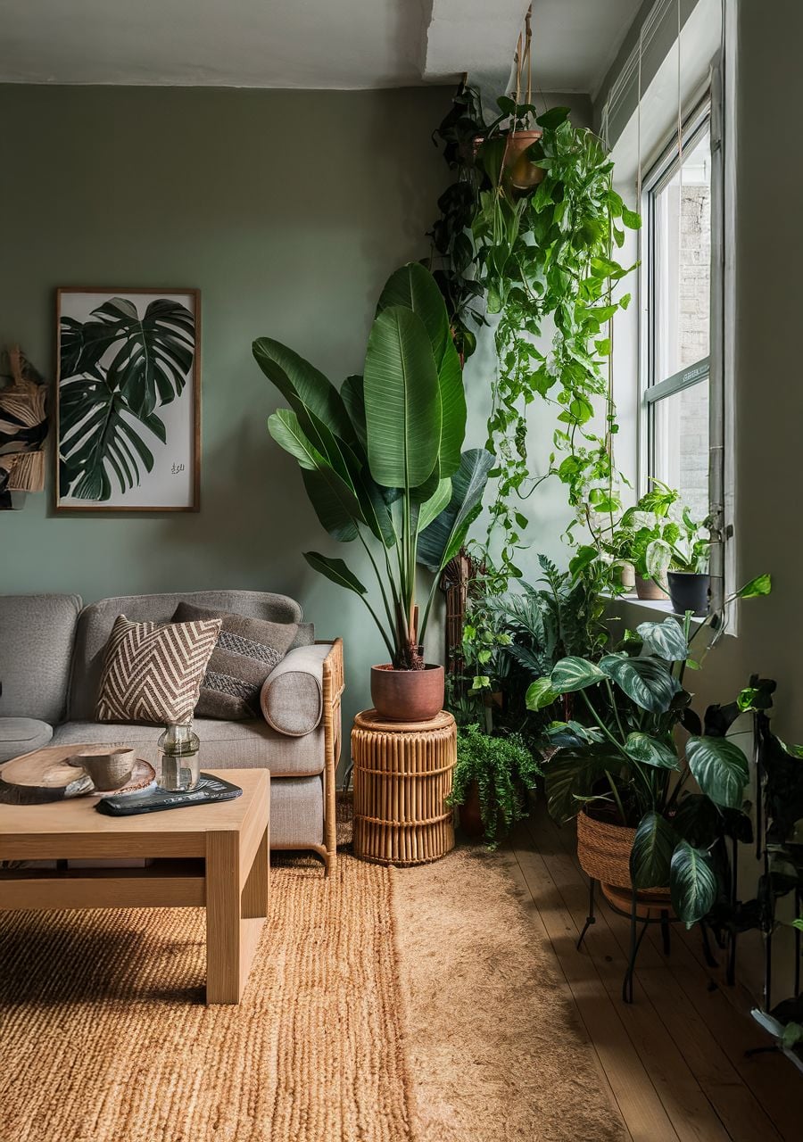 A cozy living room with green walls, a gray sofa, a wooden coffee table, and an abundance of potted plants by a window. A botanical artwork hangs on the wall, and natural light brightens the space.
