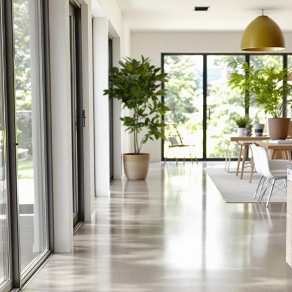 A bright, modern dining room with large windows, indoor plants, a wooden dining table, and chairs. Sunlight streams in, highlighting the clean, minimalist decor and greenery.