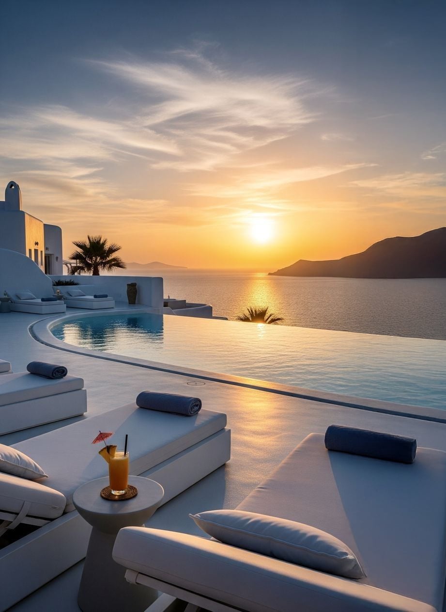 Infinity pool with white lounge chairs overlooks the sea at sunset; a drink with a straw and umbrella sits on a side table. The sky is orange and pink, with mountains and white Mediterranean-style buildings in the background.